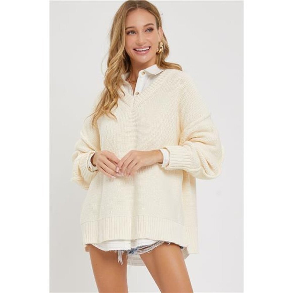 Whispering Winds Cream Cozy V-Neck Oversized Ribbed Chunky Sweater For Women
